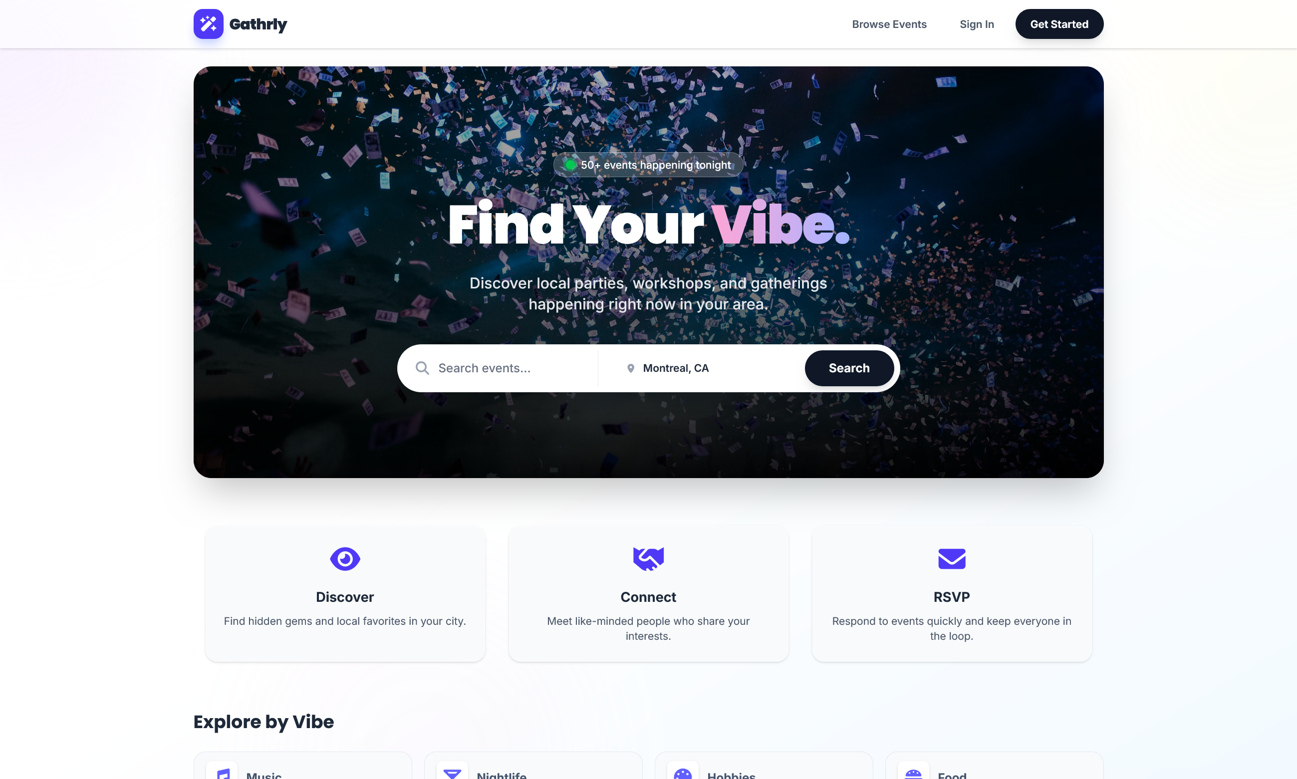 Gathrly homepage with event search and category browsing.